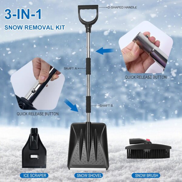 Kit de pelle à neige rétractable 3 en 1 avec grattoir à glace et brosse à neige pour glace, neige, allée de voiture avec sac de rangement et gants – Image 5