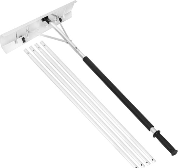 DEVO Râteau de toit à neige avec lame et roues de 66 cm de large, pelle télescopique de 6 m, outil de déneigement en aluminium, poignée antidérapante, râteau à neige pour toit de maison d'hiver.